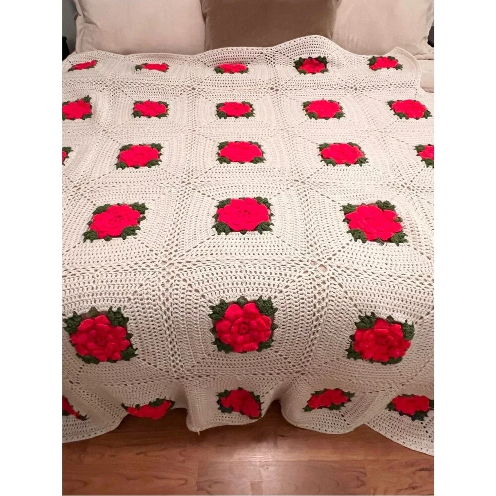 VTG Handmade Crochet Throw 3D Red Roses Granny Square Afghan 72”x60”